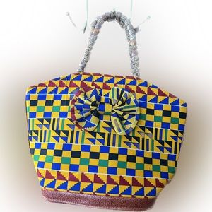 African print wood bead handle hand bag